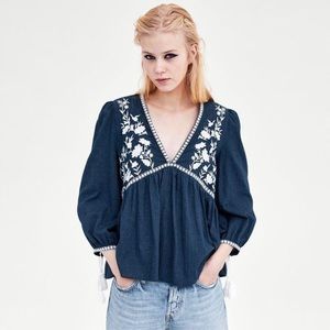 Zara Navy Blue Top White Floral Embroidery Tassel Long Sleeve V-Neck Size XS